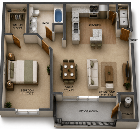 Floor plan for 1 bed, 1 bath, 752 sqft